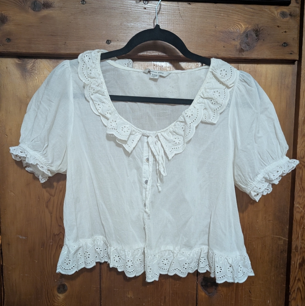 Eyelet Ruffle Trim Peasant Blouse